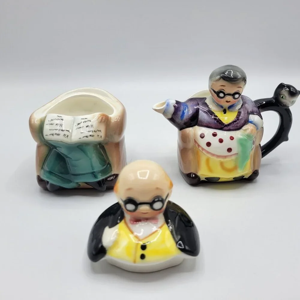 Vintage Hand Painted Japan Grandparents Creamer & Sugar Bowl Set